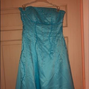 Blue strapless corset back gown